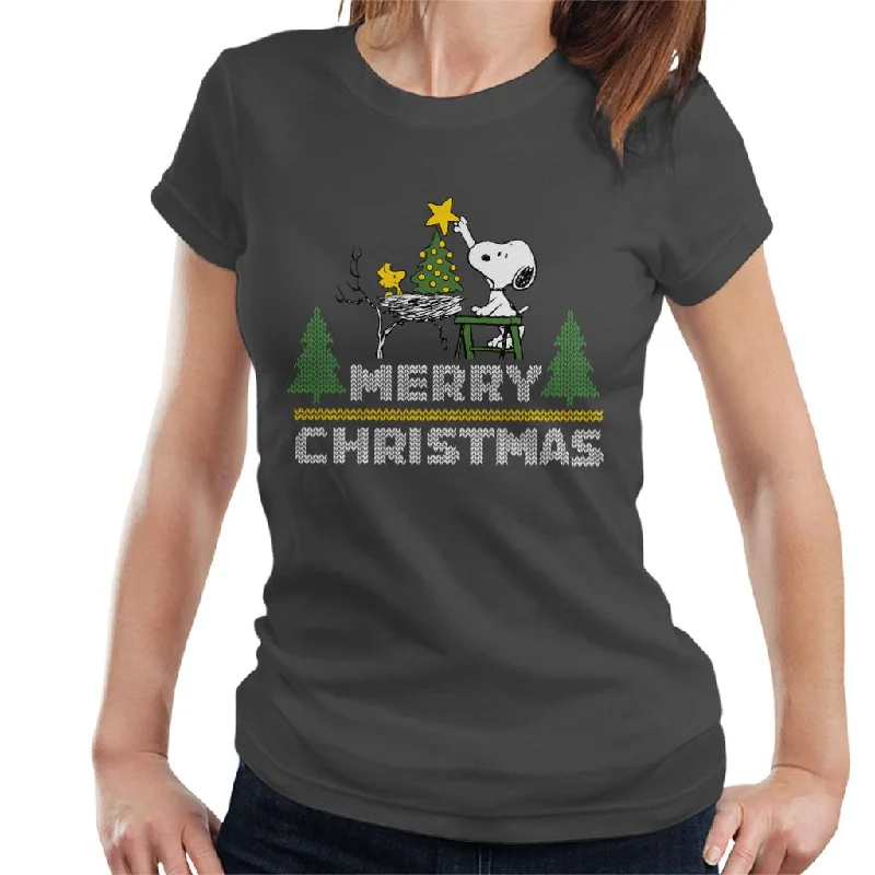 Peanuts Snoopy And Woodstock Decorating Xmas Tree Women's T-Shirt-- Fitted T-Shirt Seamless Stretchy