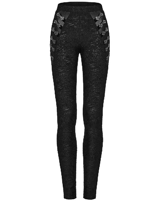 Punk Rave Womens Dark Gothic Textured Knit Buckle Leggings Trendy Sweat-Wicking Workout Leggings