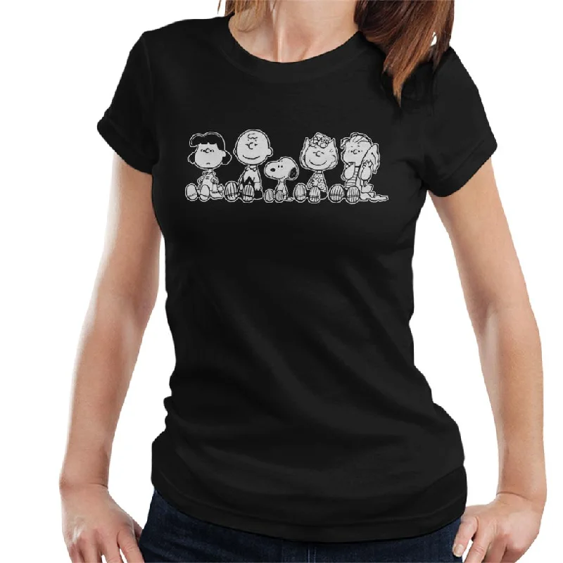 Peanuts The Gang Sit Down Flock Women's T-Shirt-- Hooded Caped Shawl Collar