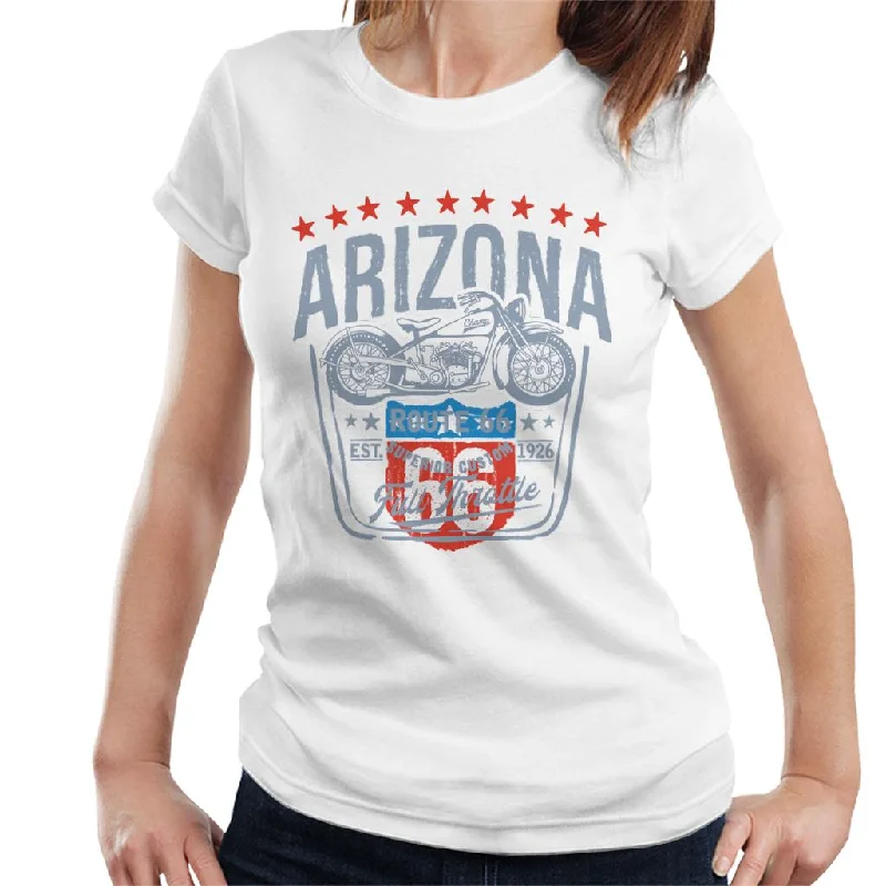 Route 66 Arizona Motorcycle Women's T-Shirt-- Denim Fabric Leather Fabric Suede Fabric