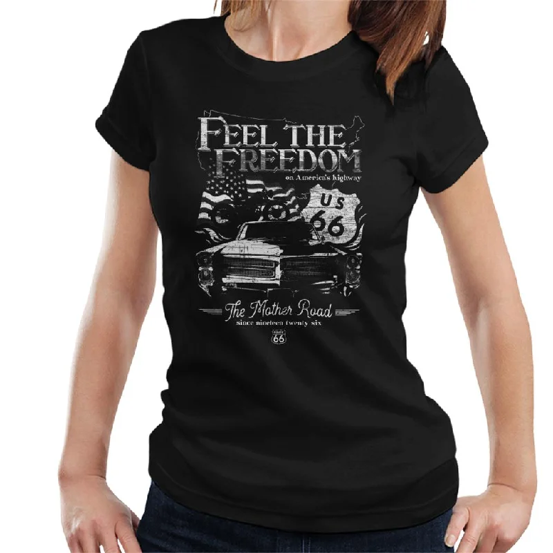 Route 66 Feel The Freedom Americana Women's T-Shirt-- Welt Pockets Slit Pockets Flap Pockets