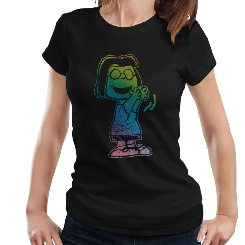 Peanuts Marcie Clap Rainbow Women's T-Shirt-- Ribbed Striped Patterned