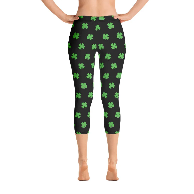 Four-Leaf Clover (Lime Green) Women's Capri Leggings by ReadyGOLF Trendy Patterned Leggings