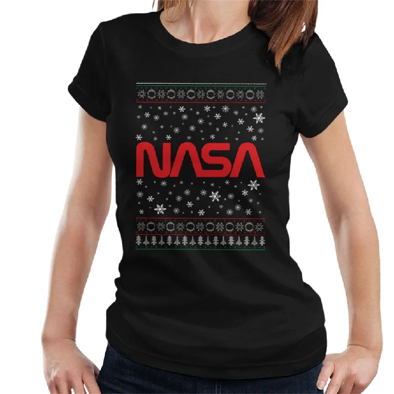 The NASA 1975-1992 Logo Christmas Knit Pattern Women's T-Shirt-- Hooded Caped Shawl Collar The NASA 1975-1992 Logo Christmas Knit Pattern Women's T-Shirt-- Hooded Caped Shawl Collar