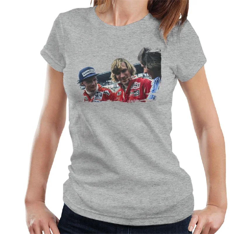 Motorsport Images Niki Lauda James Hunt & Barry Sheene Women's T-Shirt-- Mesh Blend Leather Blend Suede Blend