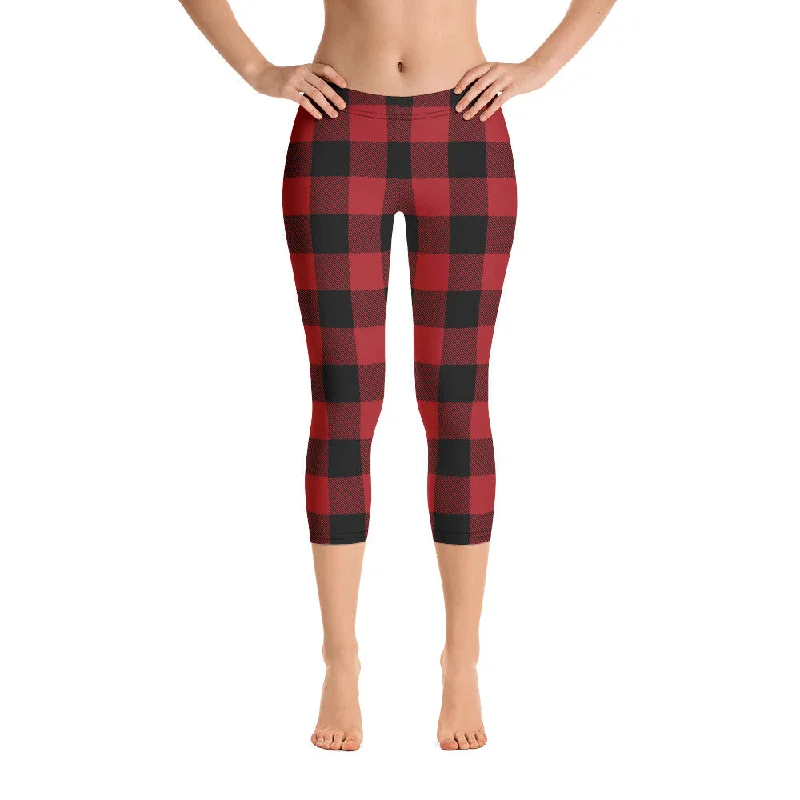 Lumberjack Red Women's Capri Leggings by ReadyGOLF Comfortable Leggings with Pockets