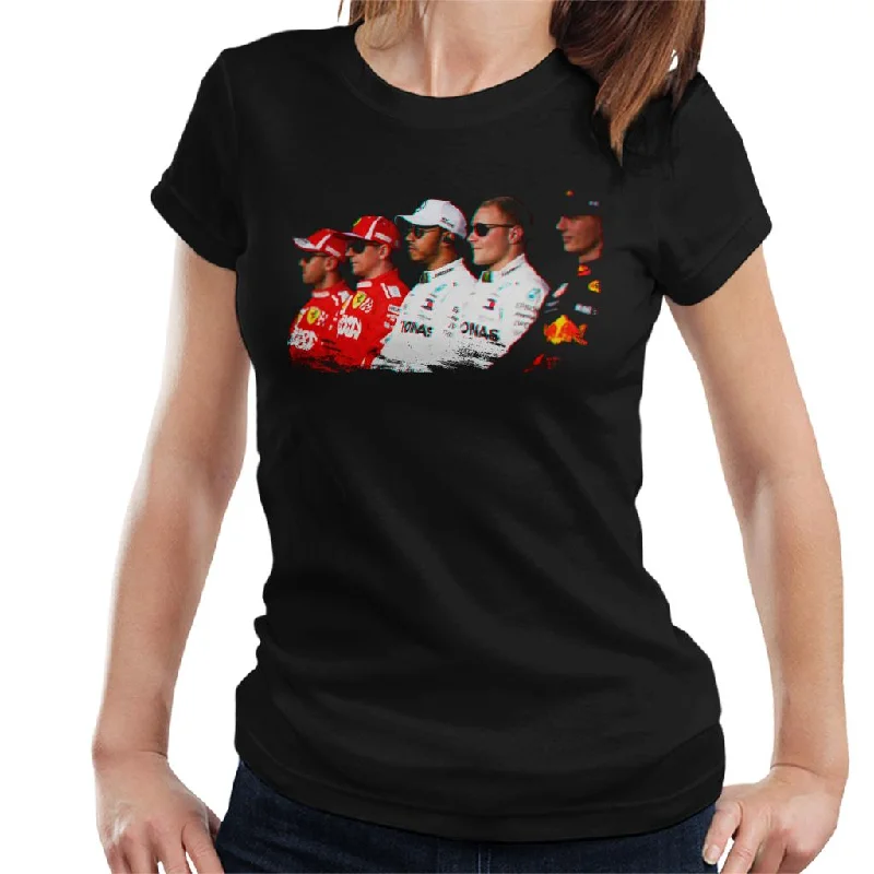 Motorsport Images Vettel Raikkonen Hamilton Botta & Verstappen Line Up Abi Dhabi GP Women's T-Shirt-- Modern Contemporary Chic