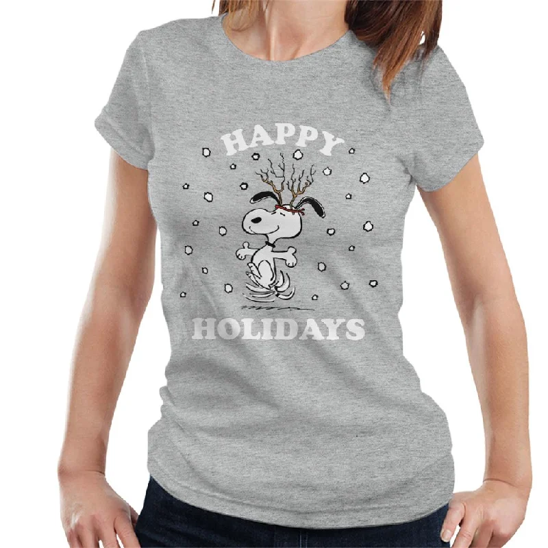 Peanuts Christmas Happy Holidays Snoopy Women's T-Shirt-- V-Neck T-Shirt Long Sleeve Cotton
