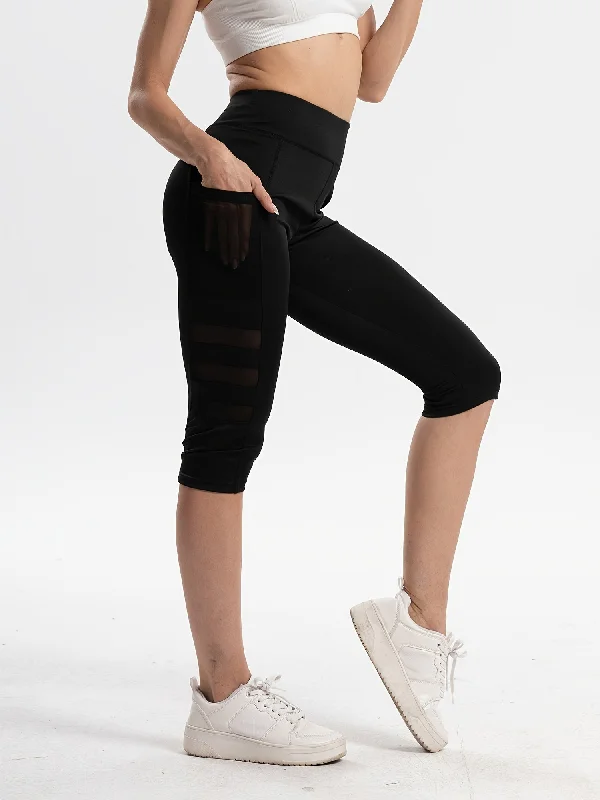 Stretchy Yoga Capri Leggings With Phone Pocket Mesh Stitching Running Sports Shorts Classic Solid Color Leggings