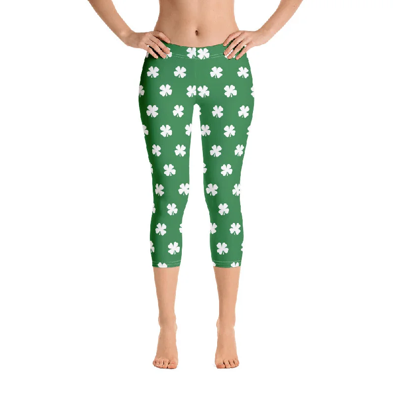 Four-Leaf Clover (White) Women's Capri Leggings by ReadyGOLF Trendy Activewear Leggings