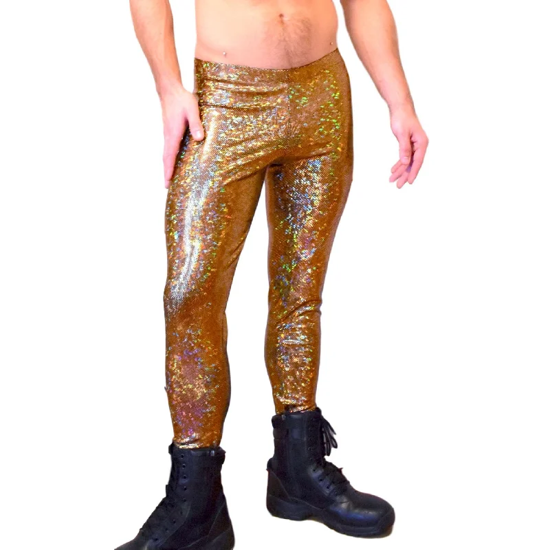 Men's Gold on Black Holographic Shattered Glass Leggings, Meggings Stylish Colorful Activewear Leggings