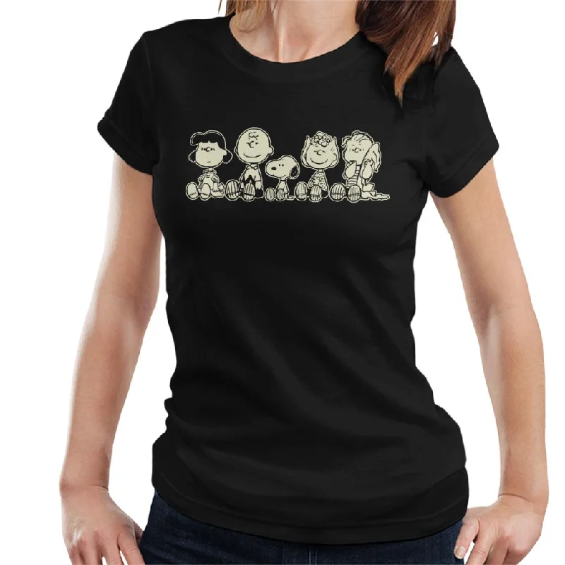 Peanuts The Gang Sit Down Glow In The Dark Women's T-Shirt-- Collared Crew Neck Turtle Neck