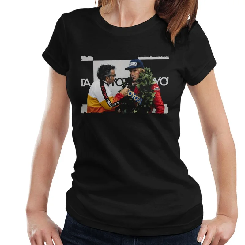 Motorsport Images James Hunt Podium Interview Women's T-Shirt-- Silk Blend Satin Velvet
