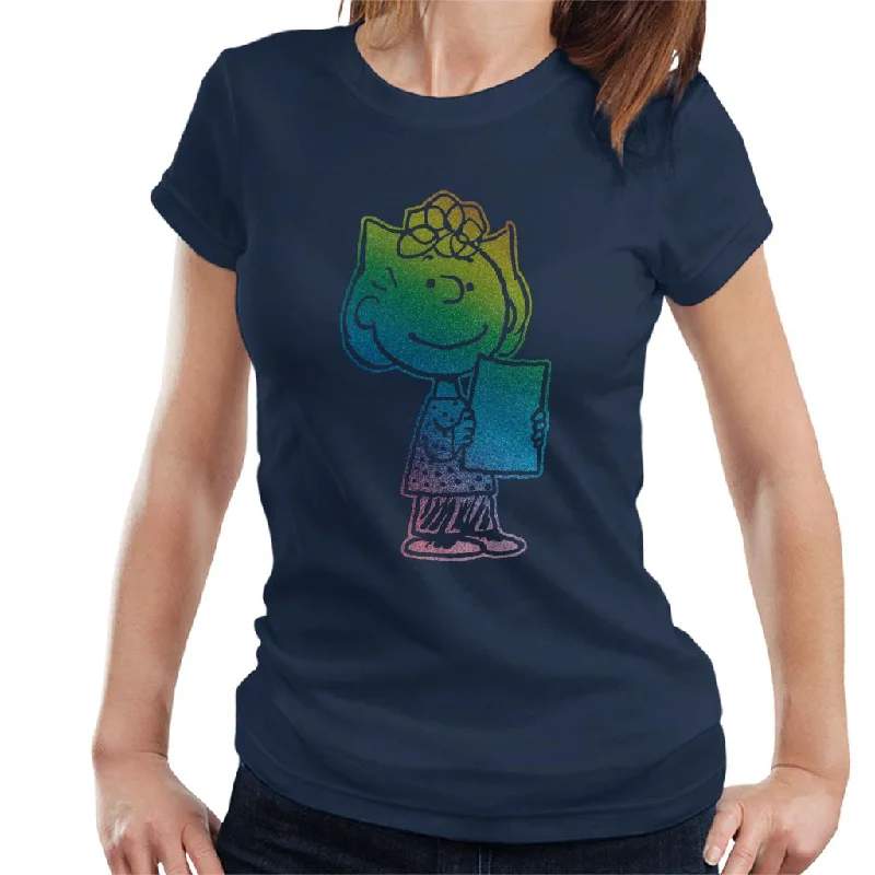 Peanuts Sally Brown Rainbow Women's T-Shirt-- Notch Collar Peter Pan Collar Cowl Neck