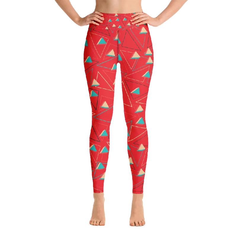 Triangular Candied Red Yoga Leggings - With Pockets Fashionable Printed Legging Pants