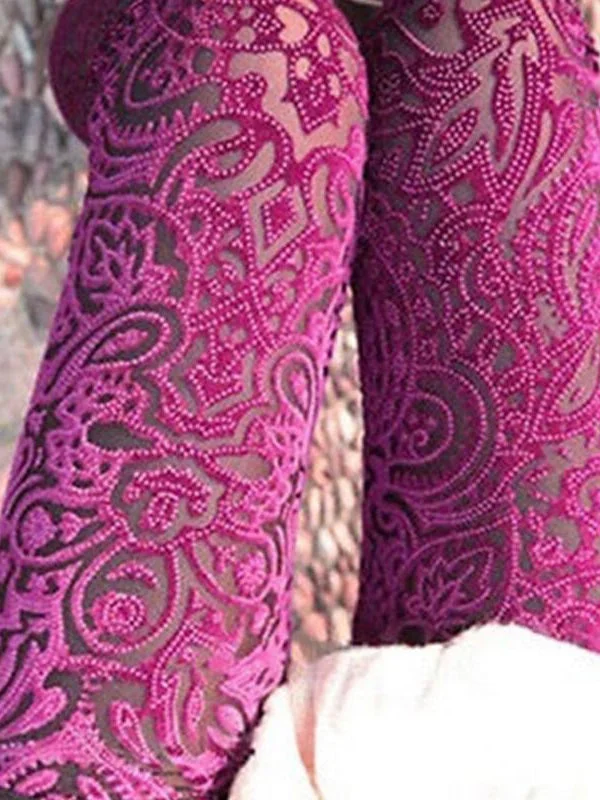 Women Fall Burned Out Velvet Lace High Elastic See Though Leggings Trendy Black Mesh Leggings