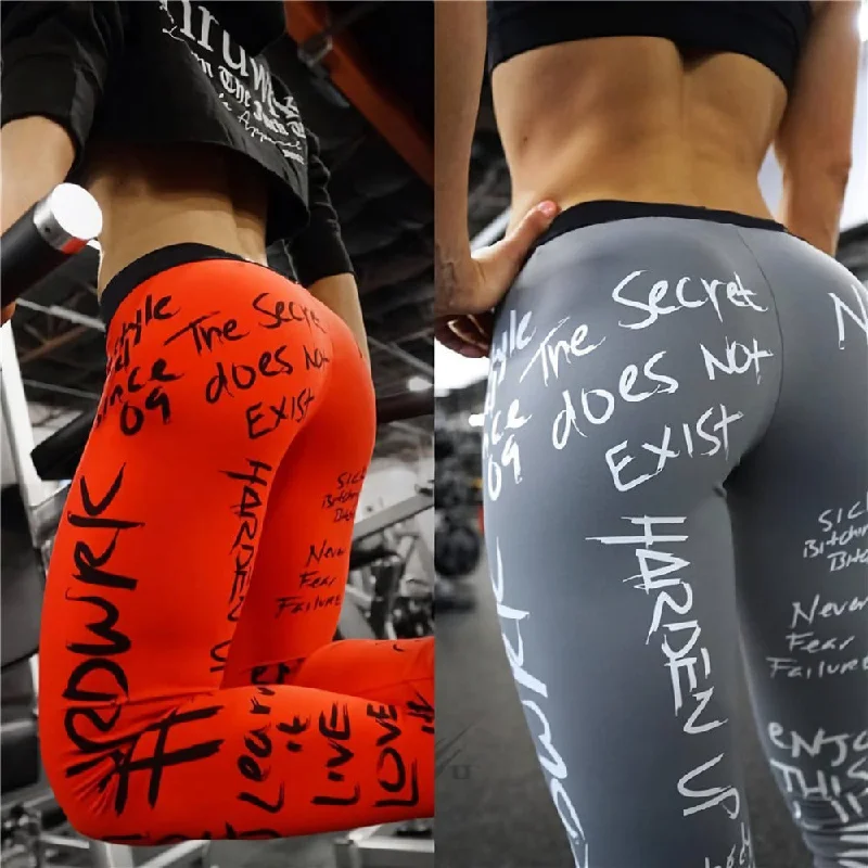 Casual Letter Print Leggings Women Slim Fitness High Waist Elastic Workout Leggings Comfortable Ribbed Waistband Leggings