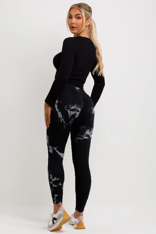 Tie Dye Rib Leggings Scrunch Bum Black Trendy Seamless Fit Leggings