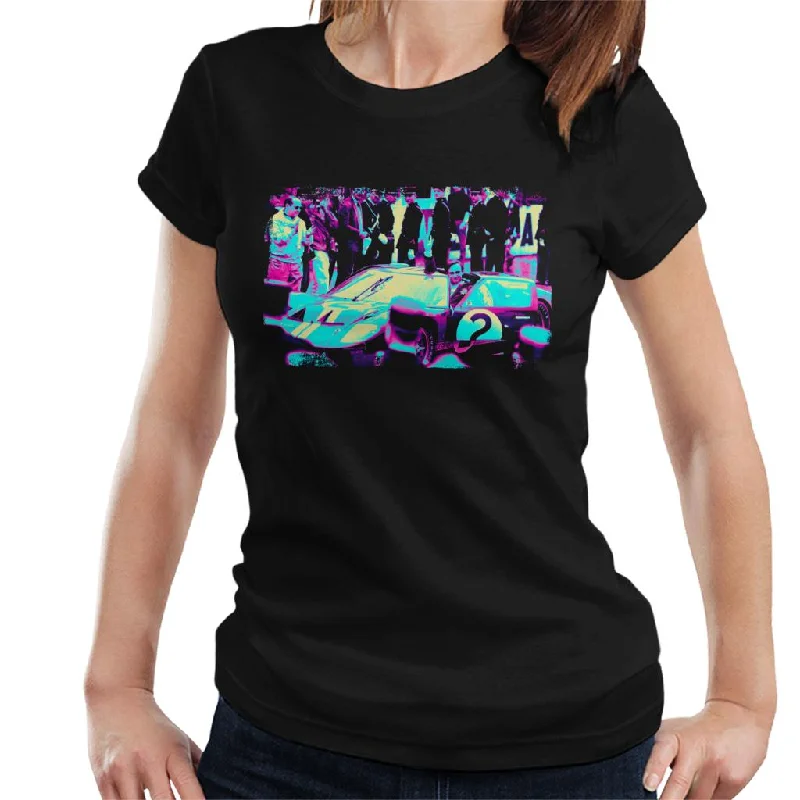 Motorsport Images Chris Amon Waves Ford Mk II Women's T-Shirt-- Welt Pockets Slit Pockets Flap Pockets