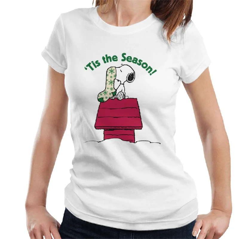 Peanuts Snoopy Tis The Season Festive Stocking Women's T-Shirt-- Graphic T-Shirt Round Neck Polyester