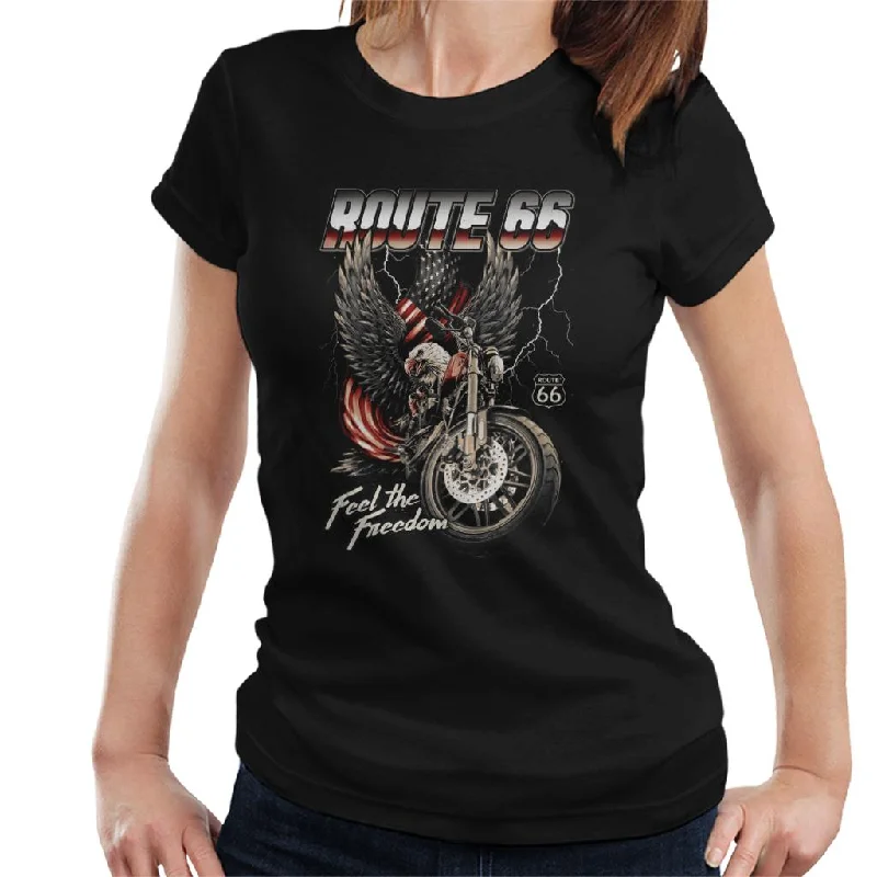 Route 66 Eagle Feel The Freedom Women's T-Shirt-- Notch Collar Peter Pan Collar Cowl Neck