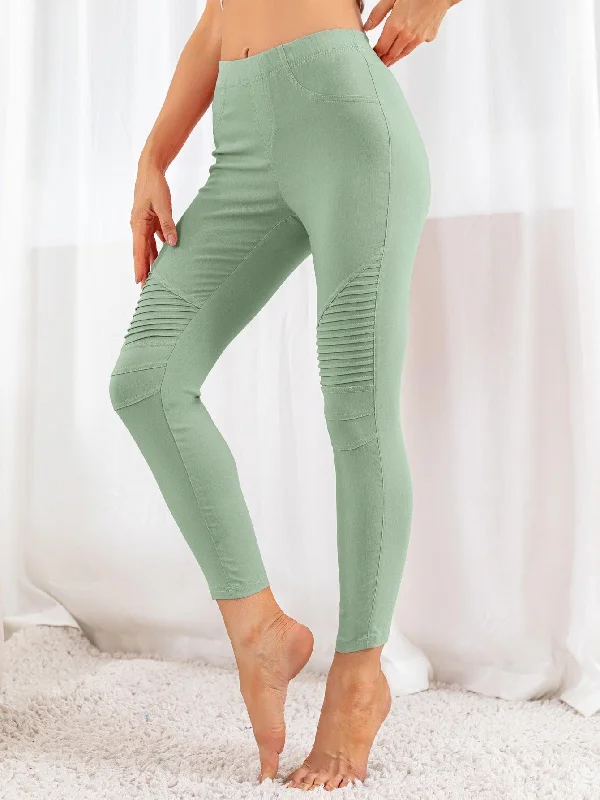 Ribbed Detail Leggings Elegant Printed Leggings with Pockets