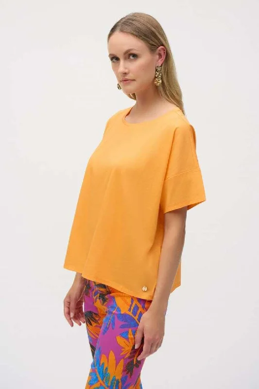 Organic Cotton Boxy T-Shirt in Apricot 252900 by Joseph Ribkoff-- Ribbed T-Shirt High Neck Heavyweight