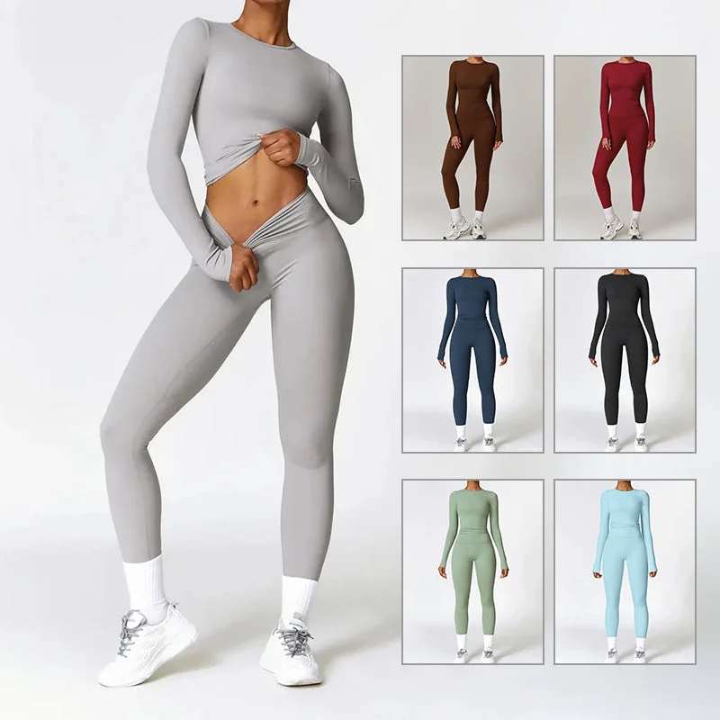 Tight-fitting Brushed Yoga Suit Quick-drying Fitness Clothes  Fitness Long Sleeve Tracksuits Sports Suit Gym Top High Waist Leggings Women Sets Yoga Set Trendy Flared Leggings