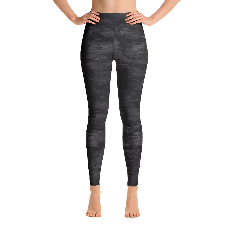 Textured Black Camouflage Yoga Leggings - With Pockets Elegant Stretchy Faux Leather Leggings