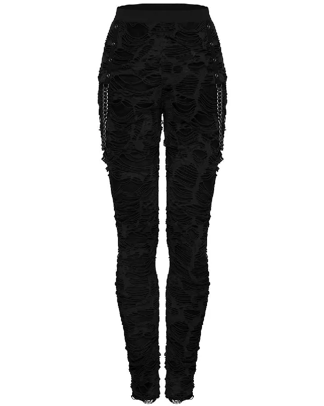 Punk Rave Womens Apocalyptic Wasteland Punk Shredded Chain Leggings Comfortable Full-Body Compression Leggings