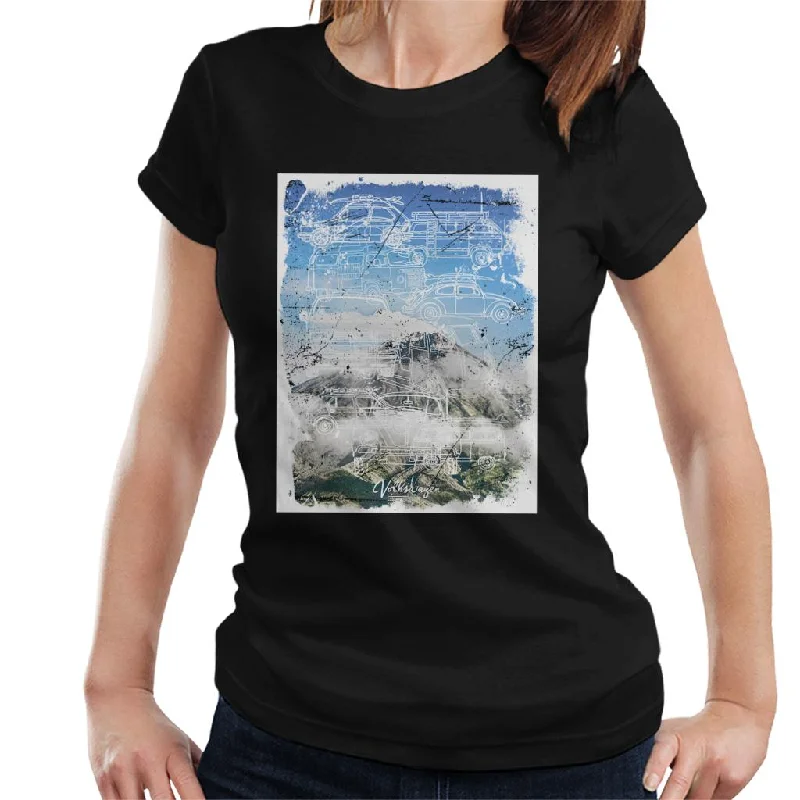 Official Volkswagen Mountain Camper Outline Women's T-Shirt-- Polka Dot Checkered Tartan