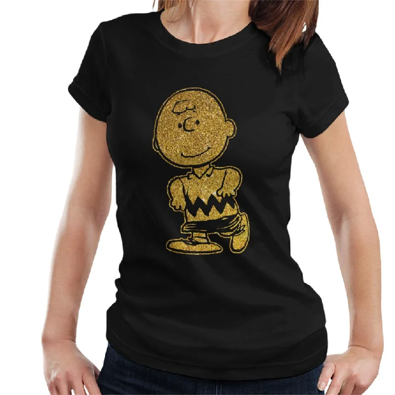 Peanuts Charlie Brown Glitter Women's T-Shirt-- Mesh Canvas Denim