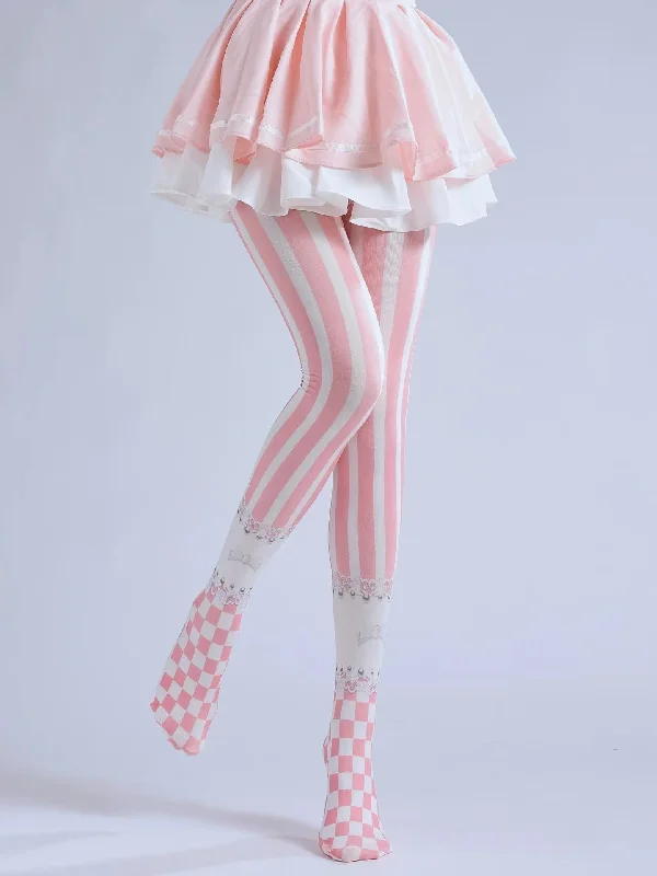 Lolita Sweet Pink Striped Print Velvet Leggings Trendy Foil Finish Leggings