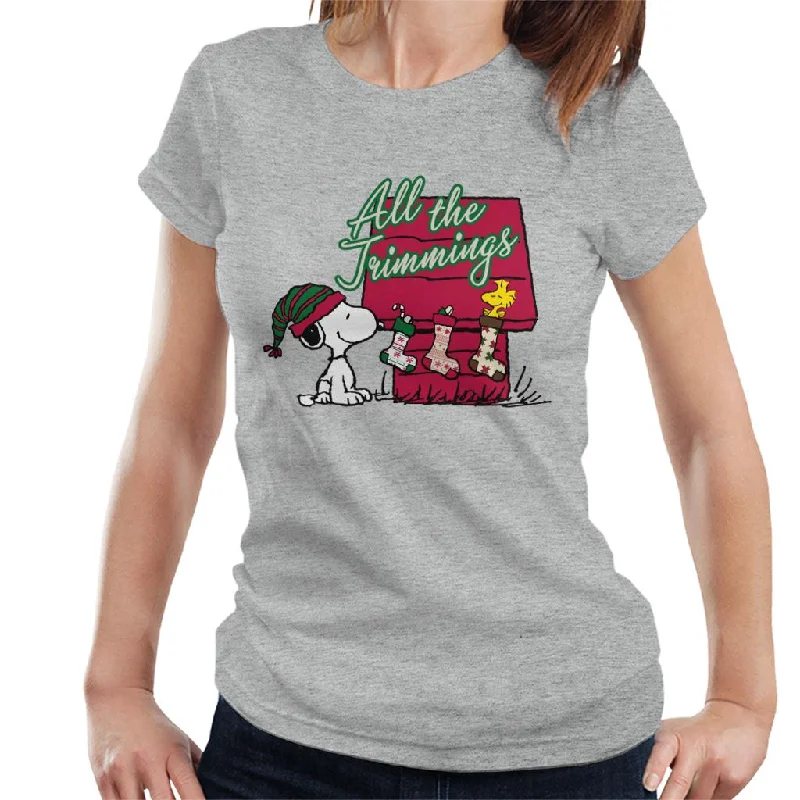 Peanuts Snoopy Woodstock In A Stocking Women's T-Shirt-- V-Neck T-Shirt Long Sleeve Cotton
