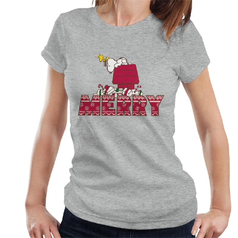 Peanuts Candy Cane Covered Christmas Presents Women's T-Shirt-- Oversized T-Shirt Spandex breathable