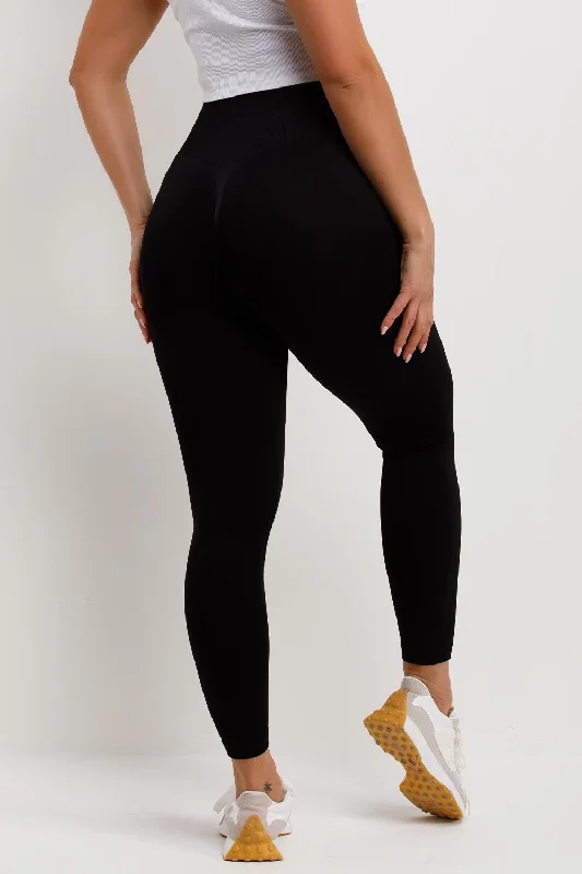 Ribbed Gym Leggings With Scrunch Ruched Detail Black Fashionable Solid Color Tights