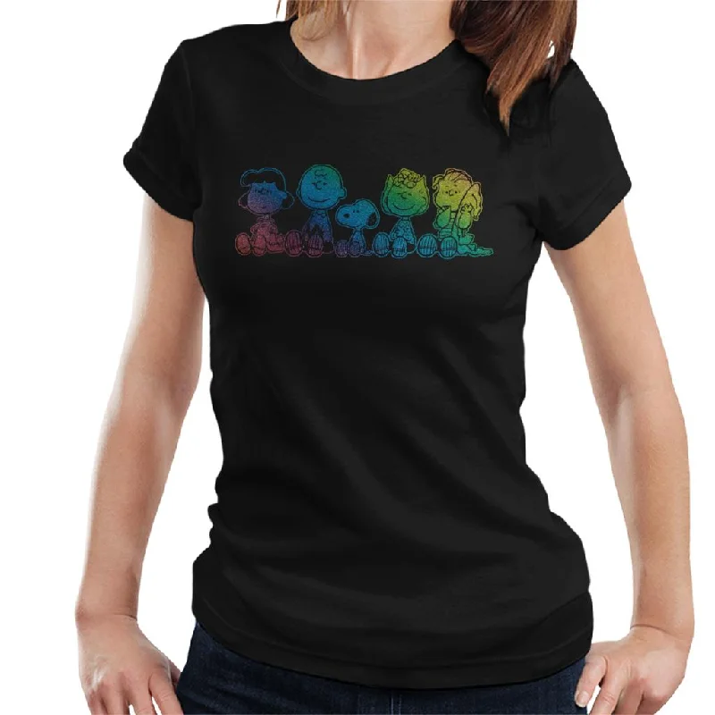 Peanuts The Gang Sit Down Rainbow Women's T-Shirt-- Striped Floral Plaid