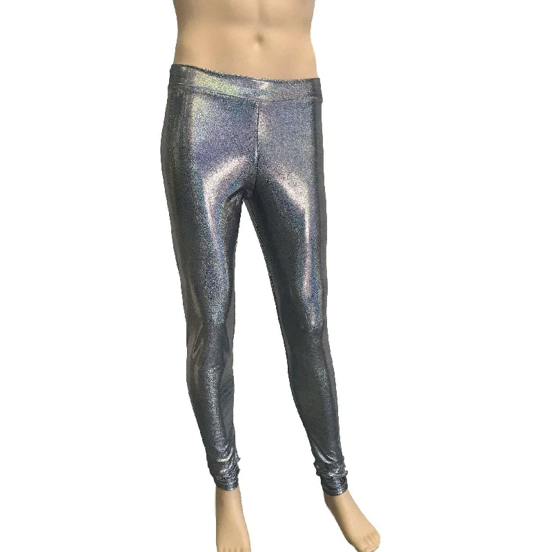 Men's Gleaming Silver Holographic Leggings, Meggings Comfortable Slip-On Compression Leggings