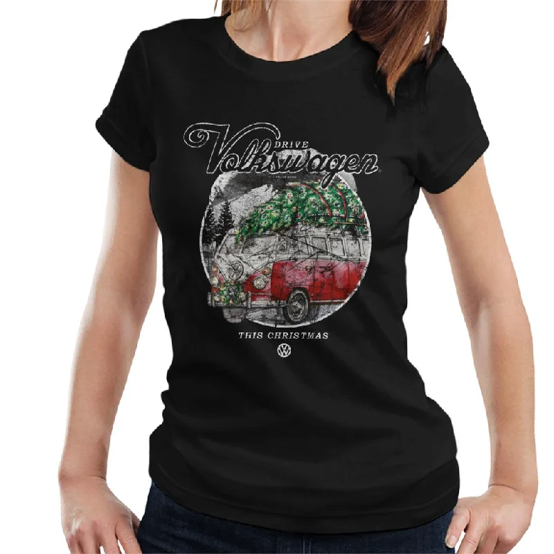 Volkswagen Drive This Christmas Camper Women's T-Shirt-- Graphic T-Shirt Round Neck Polyester