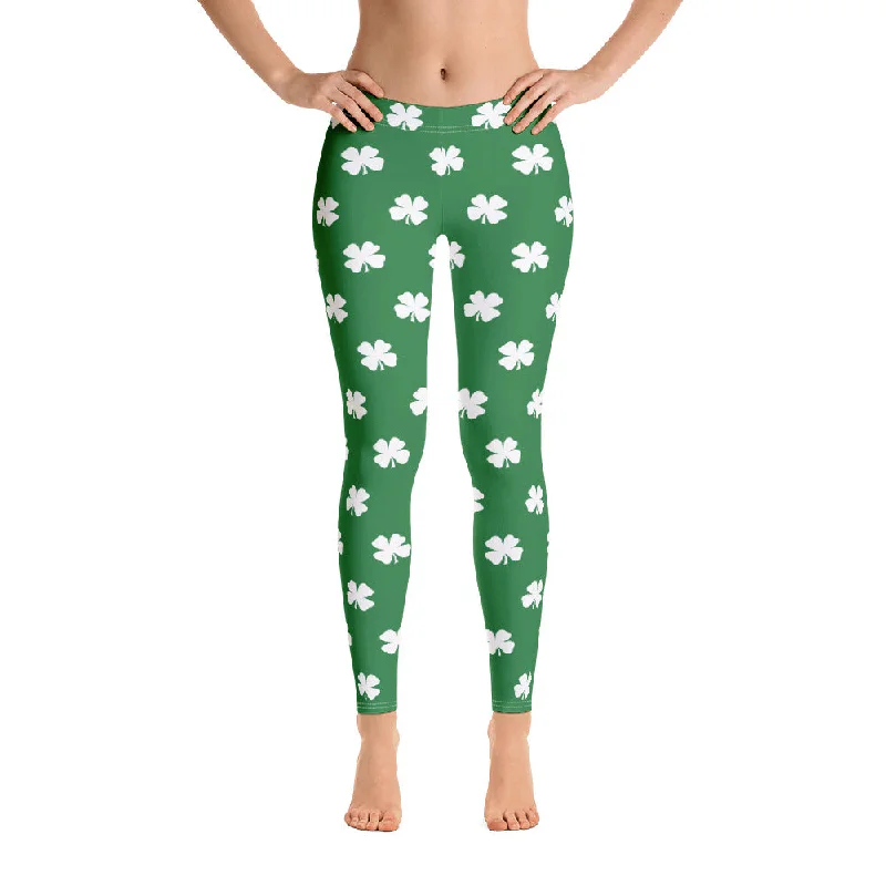 Four-Leaf Clover (White) Women's All-Over Leggings by ReadyGOLF Comfortable Fleece-Lined Leggings