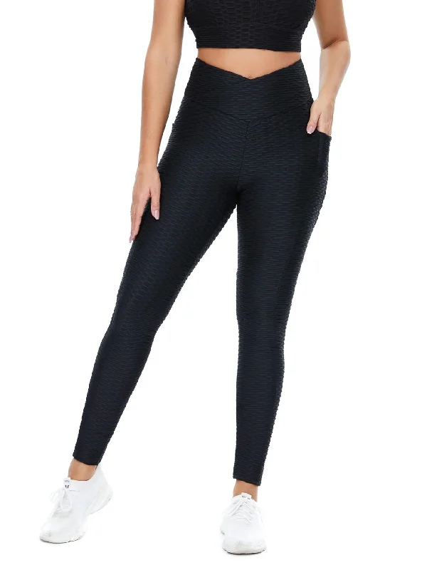 Solid Color Four-way Stretch Striped Wide Waistband Sports Leggings With Pocket Comfortable Fleece-Lined Leggings
