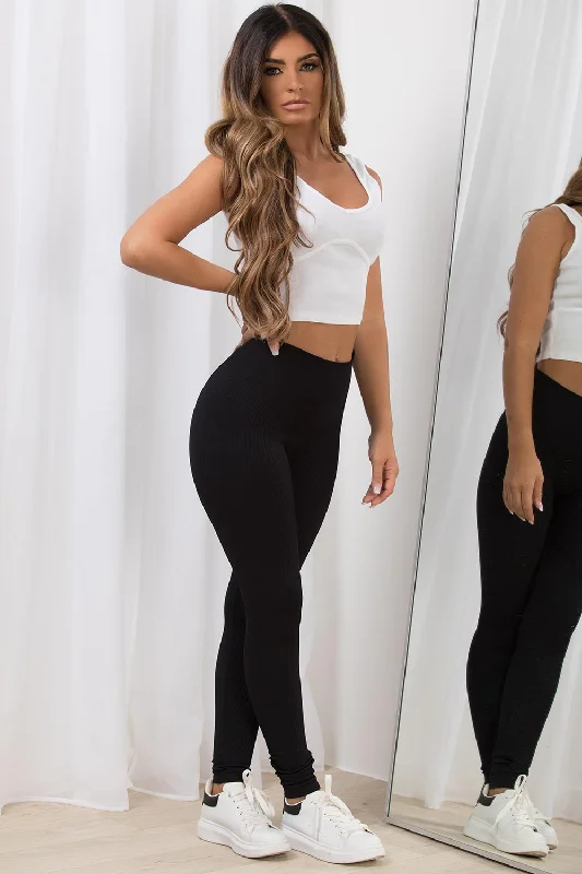 Black Ribbed Gym Leggings High Waist Elegant Embellished Leggings