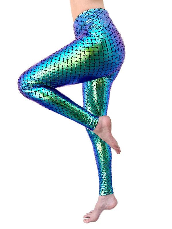 Women's Green Mermaid Holographic Leggings - Mesmerizing Mermaid - Ariel Costume Cozy Ribbed Leggings