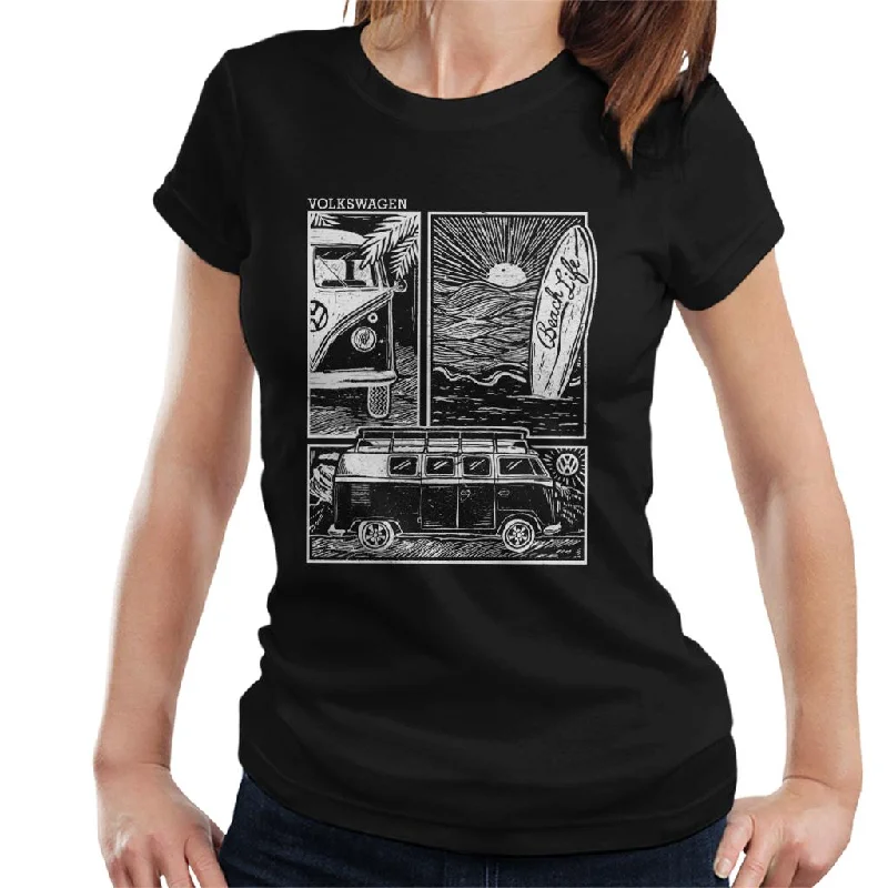 Volkswagen Beach Life Camper Doodle Women's T-Shirt-- Ribbed T-Shirt High Neck Heavyweight