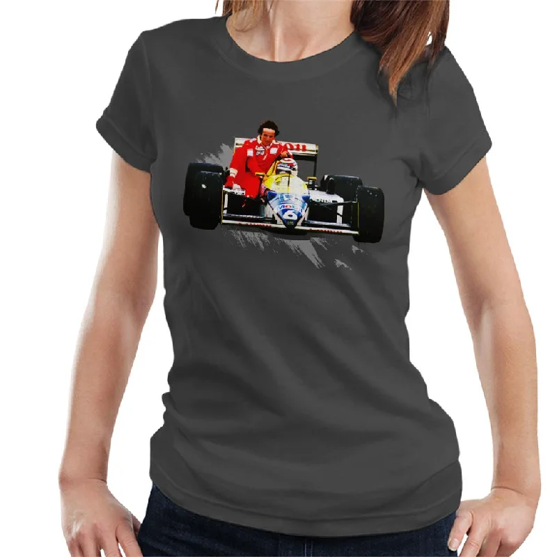 Motorsport Images Nelson Piquet Honda Gives Alain Prost A Lift German GP Women's T-Shirt-- Lace Blend Ribbed Blend Corduroy Blend