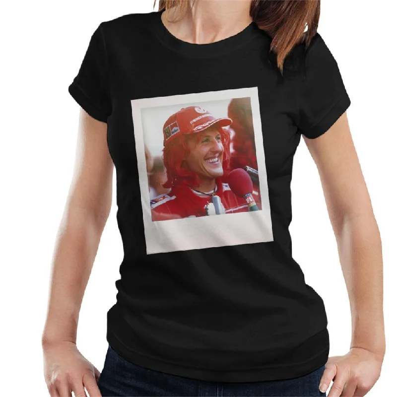 Motorsport Images Michael Schumacher Being Interviewed Women's T-Shirt-- Silk Blend Satin Velvet