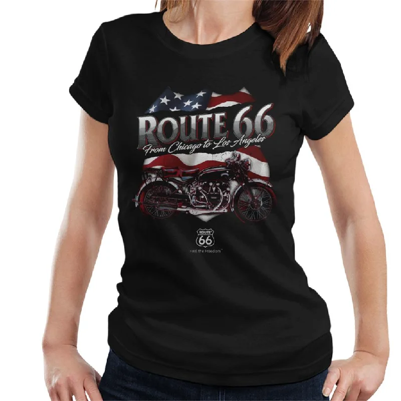 Route 66 US Flag & Motorcycle Women's T-Shirt-- Satin Fabric Silk Fabric Chiffon Fabric
