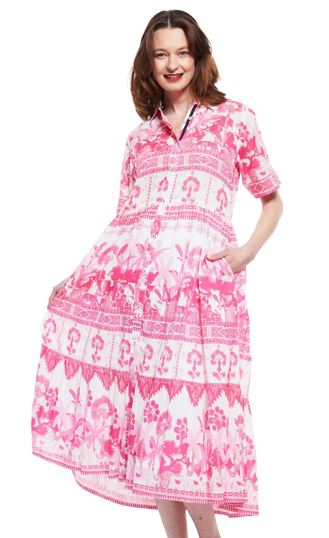 Dizzy Lizzie Palm Desert Pink Dress With Ikat Print Off-the-shoulder Chic Trendy