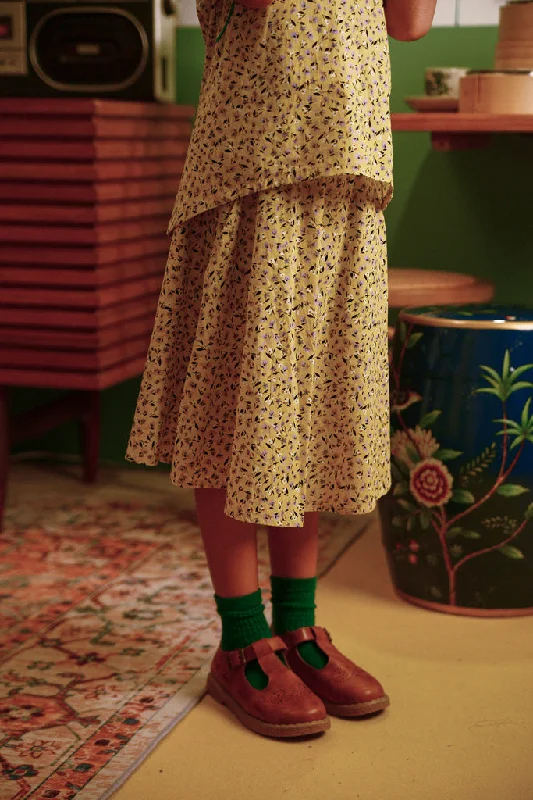 The Good Times Flare Skirt - Mustard Floral denim skirt trendy