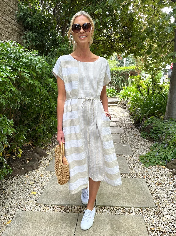 Patio Stripe Dress - Natural Crew Neckline Sporty